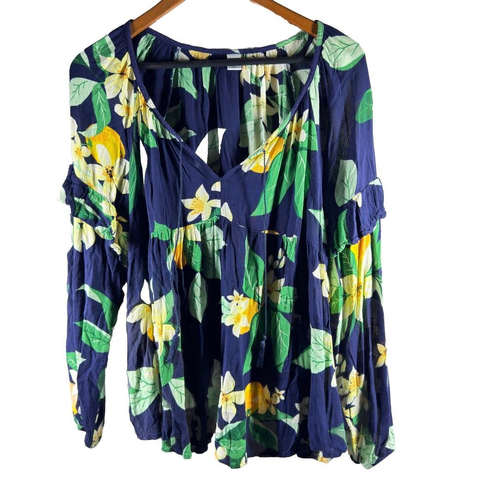 Old Navy Peasant Tunic Womens Plus L Babydoll Blue Boho Floral Ballon Top